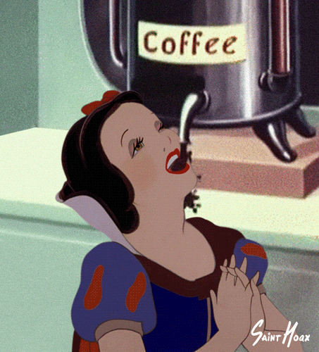 Snow White catching coffee straight from the pot